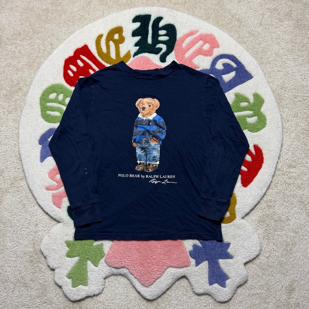 Polo Ralph Lauren Boys M 10-12 Navy Blue Polo Bear Long Sleeve T-Shirt Cotton